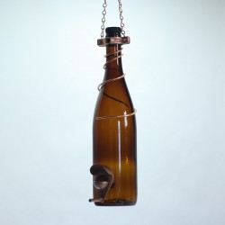 Glass Wine Bottle Bird Feeder Amber Copper Trim