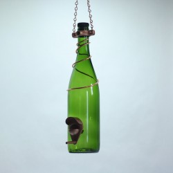 Glass Wine Bottle Bird Feeder Green Copper Trim