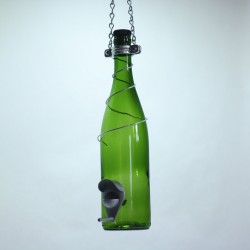 Glass Wine Bottle Bird Feeder Green Silver Trim