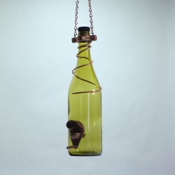 Glass Wine Bottle Bird Feeder Yellow Copper Trim