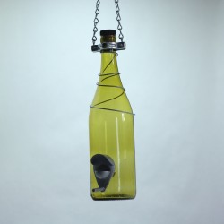 Glass Wine Bottle Bird Feeder Yellow Silver Trim